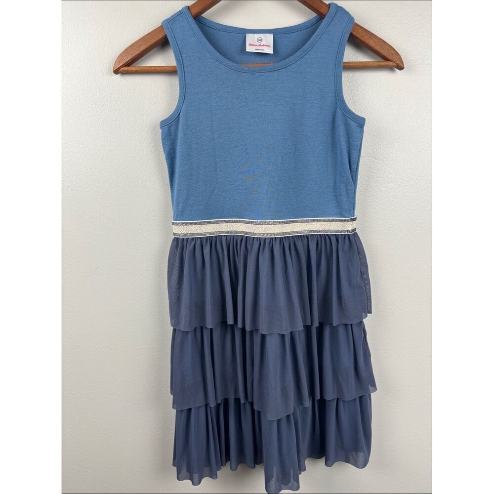 Hanna Andersson girls sz 10 Dusty Blue Tiered Tank Dress 140 Glitter Waistband